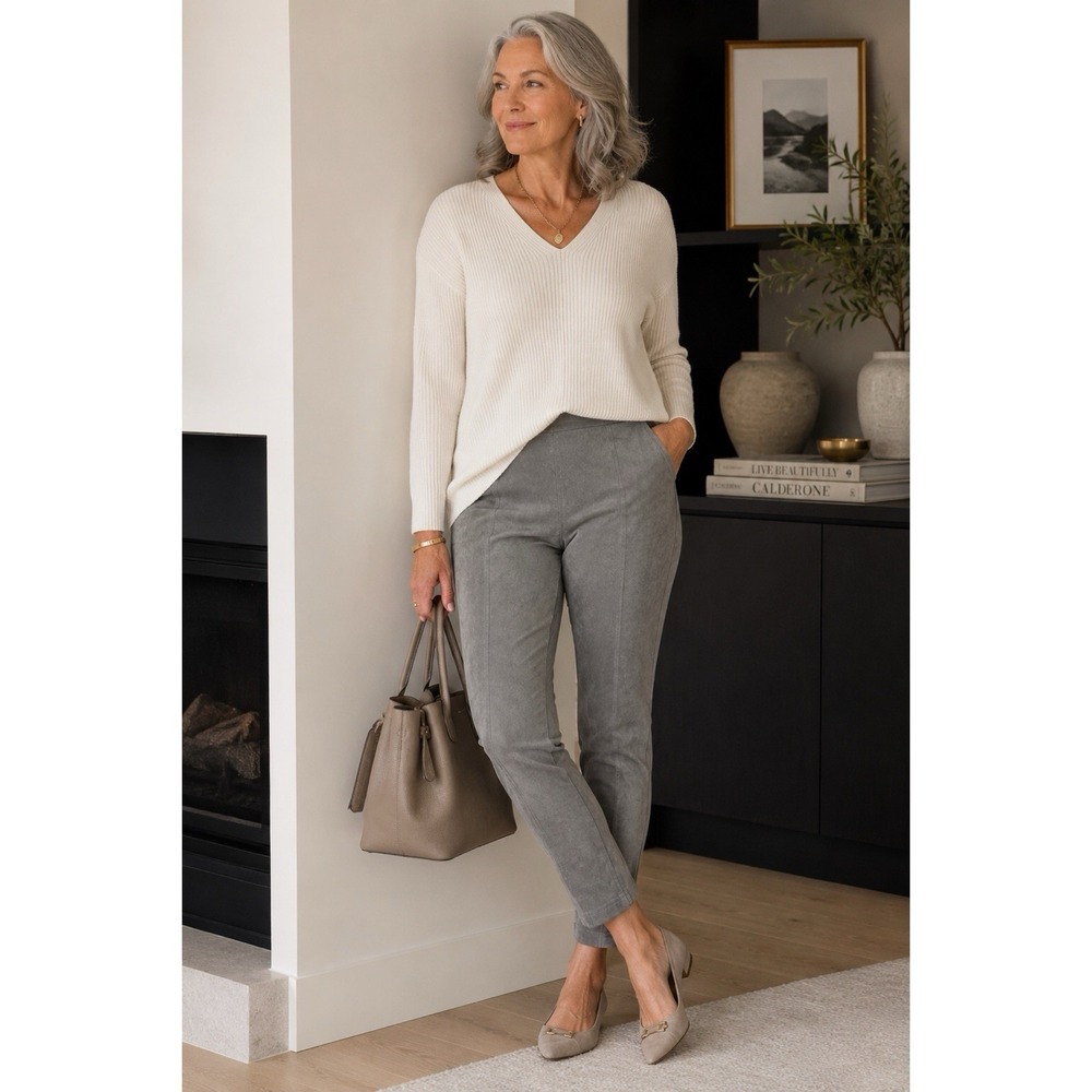 Joseph Ribkoff Size 12 Gray Faux Suede Slim Leg Pants Stretch Back Zip